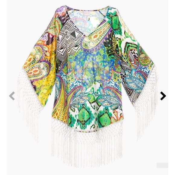Chicos NWOT V Neck Cold Shoulder Paisley Oversized Fringe Top - Picture 2 of 9